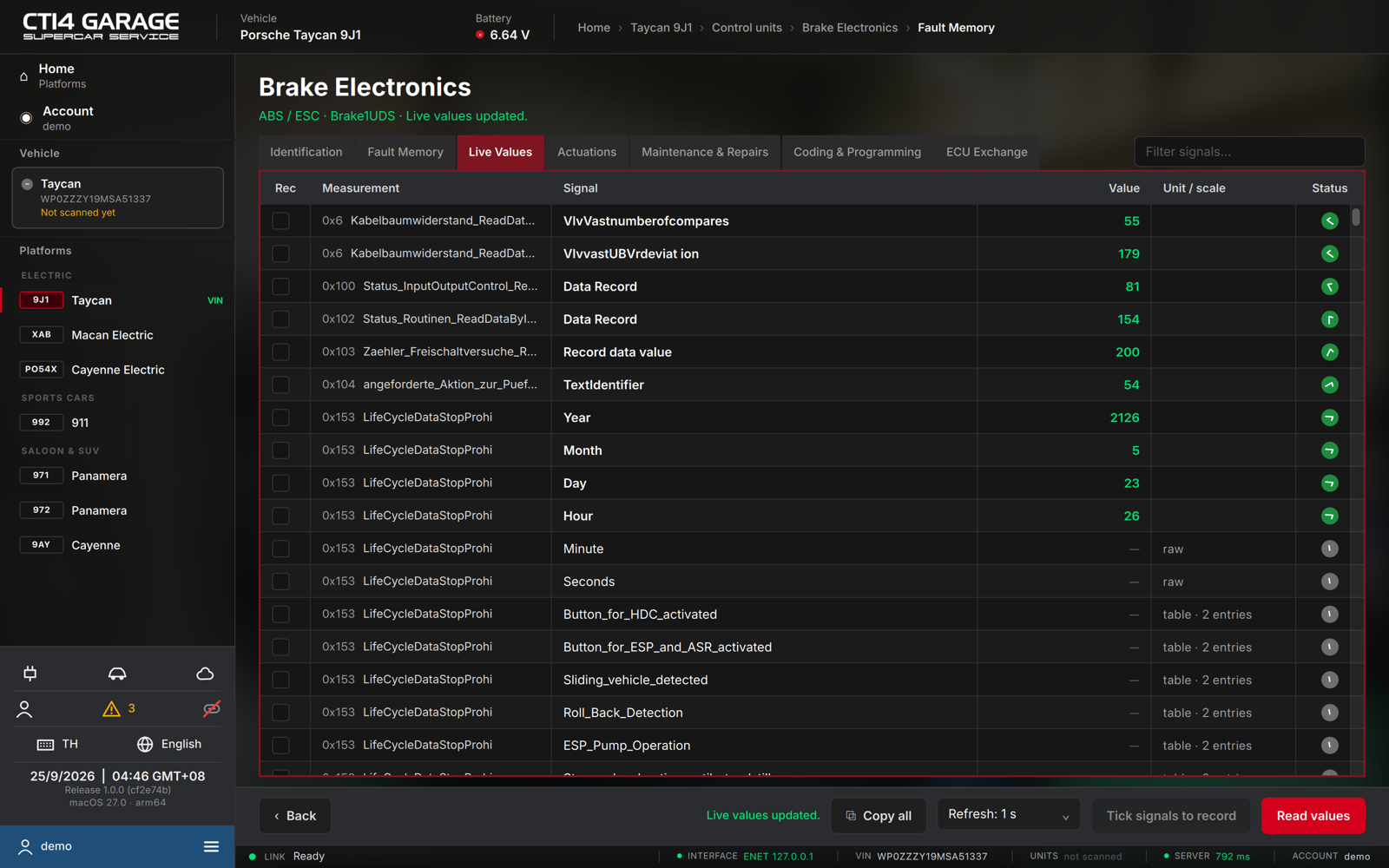 Live values of the brake electronics