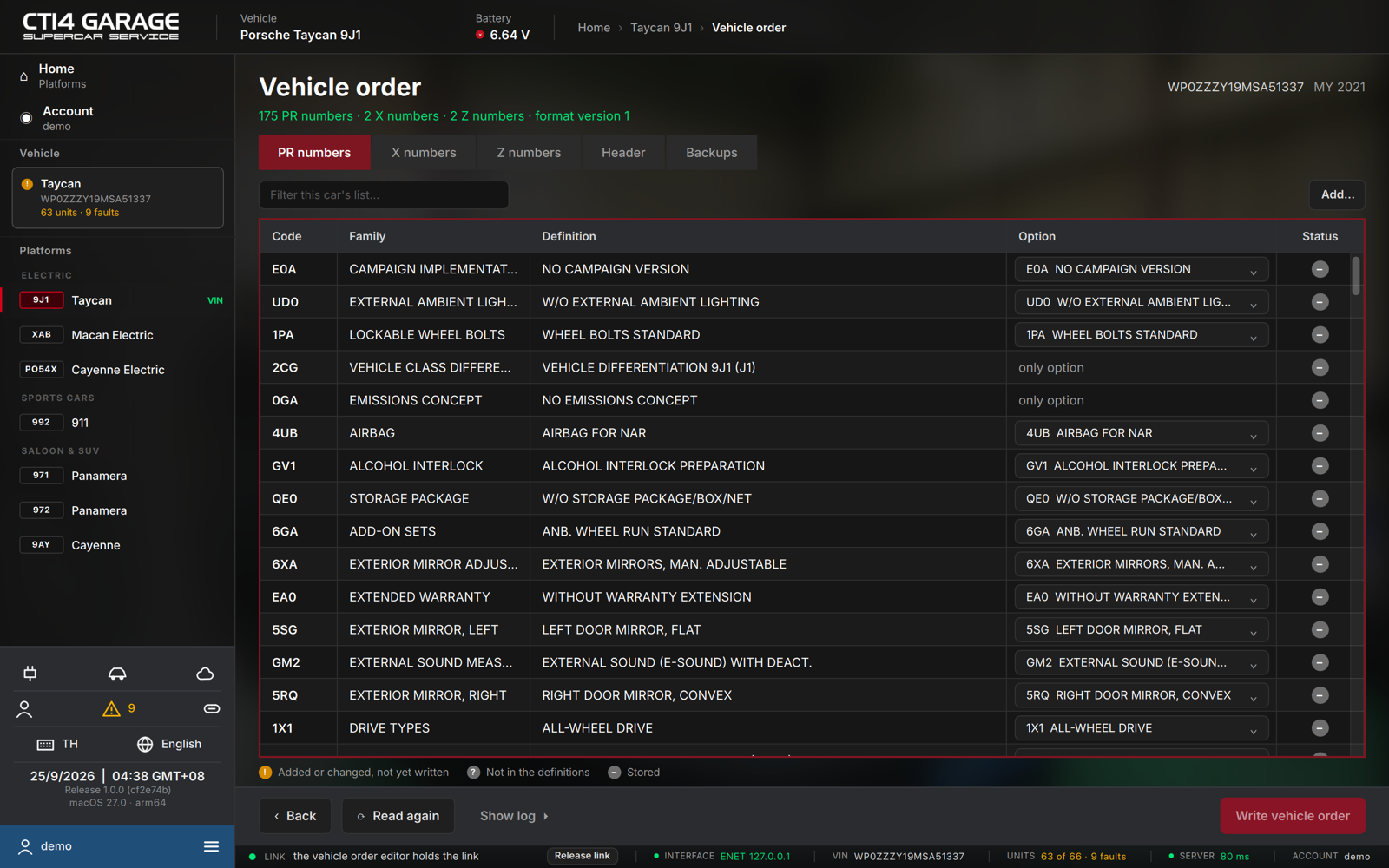 The vehicle order — PR numbers