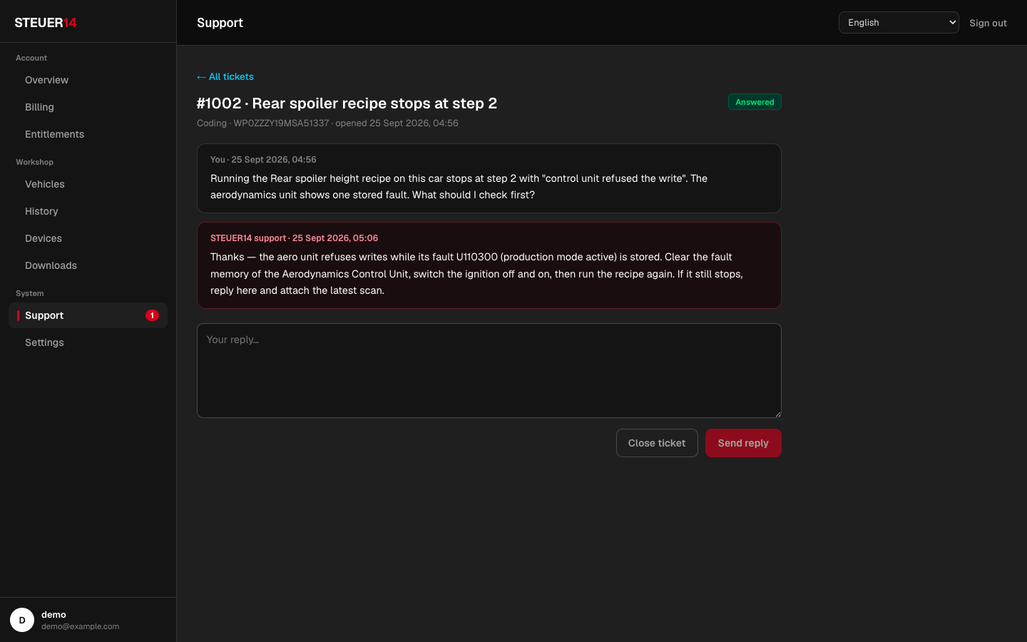A support ticket in the web panel